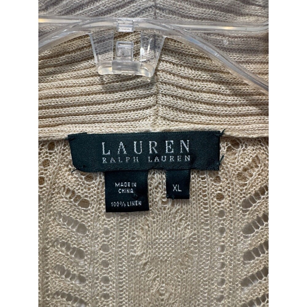 Ralph Lauren Tan Crochet Linen Cardigan Women’s Size XL Ruffle Hem Fairy - Picture 4 of 10